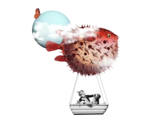 illustration collage Montgolfière poisson volant